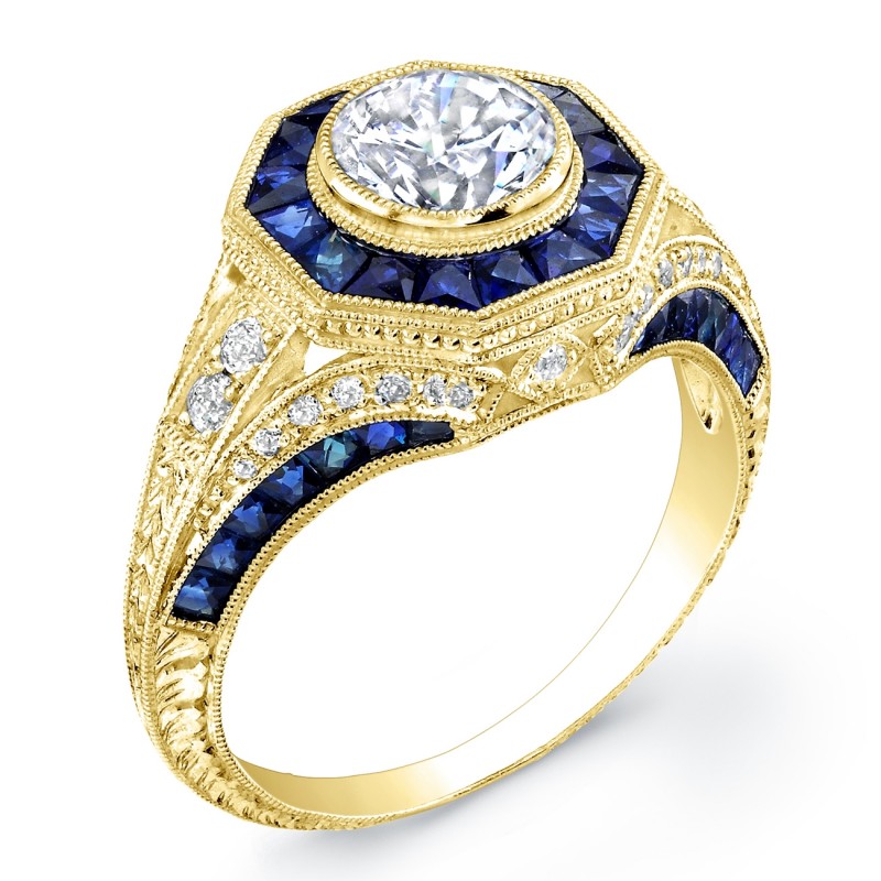Art Deco Style Blue Sapphire and Diamond Engagement Ring